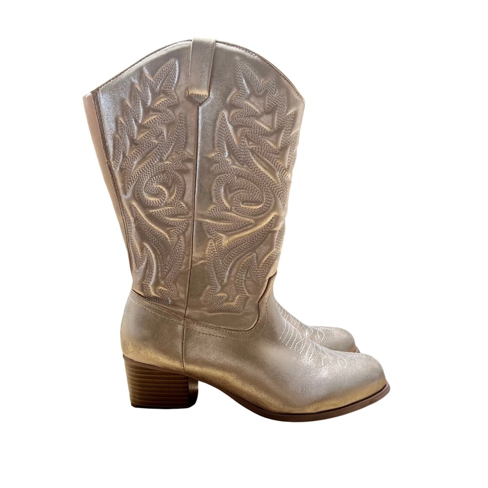 Women Gold Metallic Cowboy Boots Western Stitch Block Heel 8.5W Festival Concert